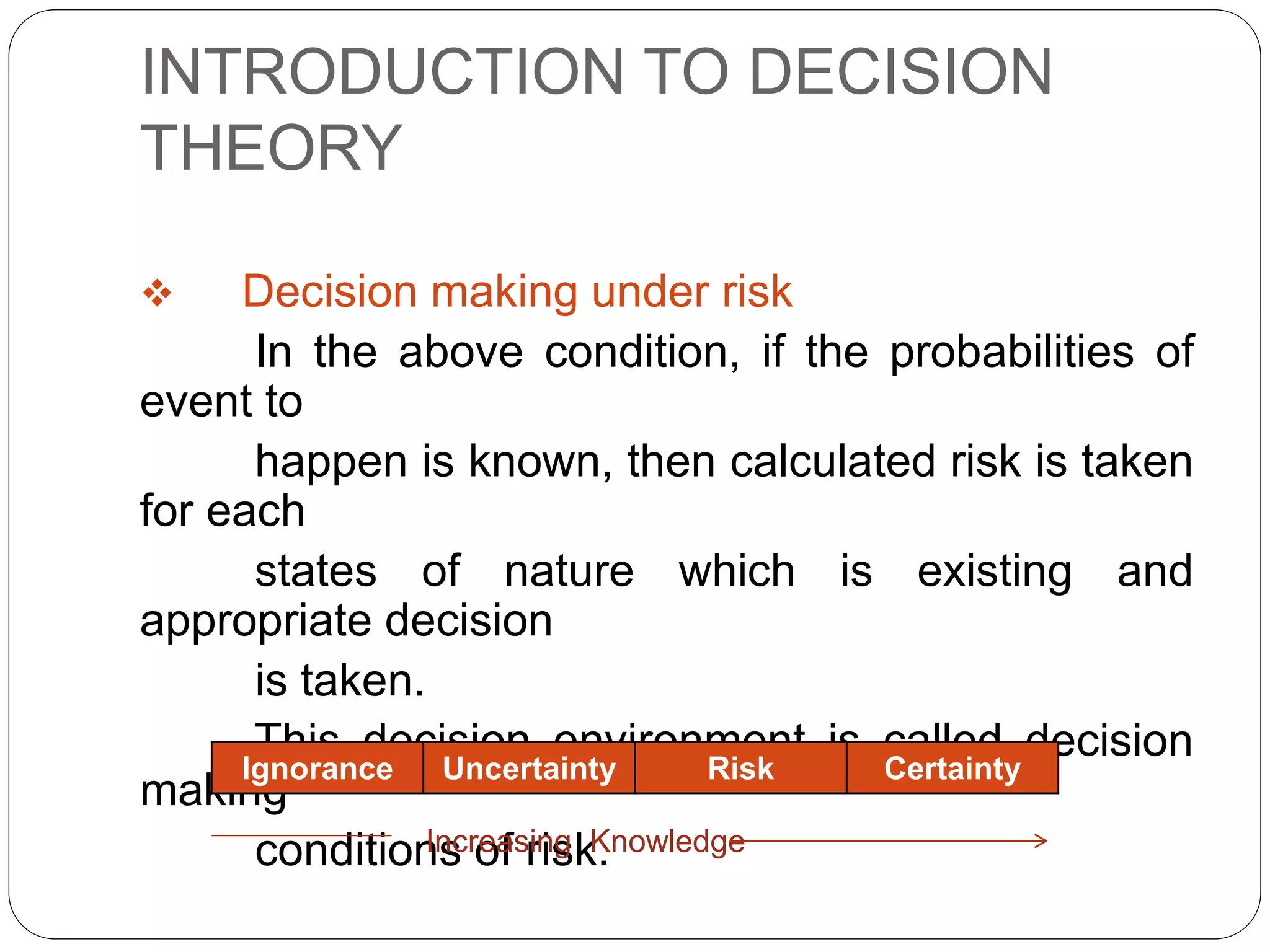 INTRODUCTION TO DECISION
THEORY
 Decision making under risk
In the above condition, if the probabilities of
event to
happen is known, then calculated risk is taken
for each
states of nature which is existing and
appropriate decision
is taken.
This decision environment is called decision
making
conditions of risk.
Ignorance Uncertainty Risk Certainty
Increasing Knowledge
 