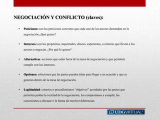NEGOCIACIÓN Y CONFLICTO (claves):
• Posiciones: son las peticiones concretas que cada uno de los actores demandan en la
negociación ¿Qué quiere?
• Intereses: son los propósitos, inquietudes, deseos, esperanzas, o temores que llevan a los
actores a negociar. ¿Por qué lo quiere?
• Alternativas: acciones que están fuera de la mesa de negociación y que permiten
cumplir con los intereses.
• Opciones: soluciones que las partes pueden idear para llegar a un acuerdo y que se
generan dentro de la mesa de negociación.
• Legitimidad: criterios o procedimientos “objetivos” acordados por las partes que
permiten probar la rectitud de la negociación, los compromisos a cumplir, las
concesiones a efectuar o la forma de resolver diferencias.
 