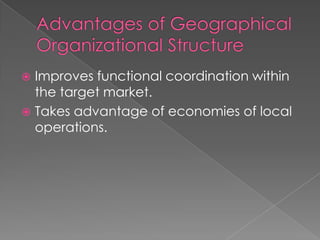  Improves functional coordination within
the target market.
 Takes advantage of economies of local
operations.
 
