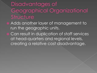  Adds another layer of management to
run the geographic units.
 Can result in duplication of staff services
at head-quarters and regional levels,
creating a relative cost disadvantage.
 