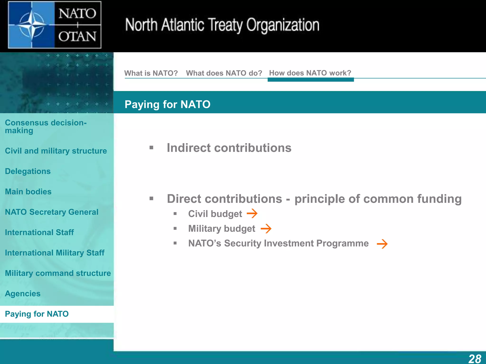 How does NATO work?
28
What is NATO? What does NATO do?
Paying for NATO
Consensus decision-
making
Civil and military structure
Delegations
Main bodies
NATO Secretary General
International Staff
International Military Staff
Military command structure
Agencies
Paying for NATO
 Indirect contributions
 Direct contributions - principle of common funding
 Civil budget
 Military budget
 NATO’s Security Investment Programme
 
