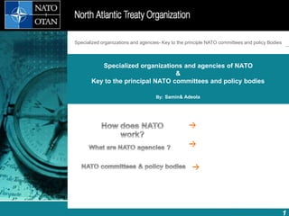 Introduction to NATO
How does NATO work?
1
What is NATO? What does NATO do?
Specialized organizations and agencies of NATO
&
Key to the principal NATO committees and policy bodies
By: Samin& Adeola
What is NATO?
What does NATO do?
How does NATO work?NATO committees & policy bodies
Specialized organizations and agencies- Key to the principle NATO committees and policy Bodies
How does NATO work?
 