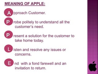 pproach Customer.
robe politely to understand all the
customer’s need.
resent a solution for the customer to
take home today.
isten and resolve any issues or
concerns.
nd with a fond farewell and an
invitation to return.
L
E
 
