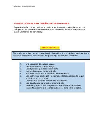 Prof.Julio Cesar Carpio Llerena
5.- BASES TEORICAS PARA DISEÑAR UN CURSO EN LINEA:
Se puede diseñar un curso en línea a través de los diversos modelos planteados por
los expertos, los que deben fundamentarse en la instrucción de forma sistemática en
base a Las teorías del aprendizaje.
TEORÍACONDUCTISTA
El modelo se enfoca en un diseño lineal, sistemático y prescriptivo conocimientos y
destrezas académicas y en objetivos de aprendizaje observables y medibles.
1. Una secuencia de pasos a seguir.
2. Identificación de las metas a lograr.
3. Los objetivos específicos de conducta.
4. Logros observables del aprendizaje.
5. Pequeños pasos para el contenido de la enseñanza.
6. Selección de las estrategias y la valoración de los aprendizajes según
el dominio del conocimiento.
7. Criterios de evaluación previamente establecidos.
8. Uso de refuerzos para motivar el aprendizaje.
9. Modelaje y práctica para asegurar una fuerte asociación estímulo
respuesta, secuencia de la práctica desde lo simple a lo complejo.
 