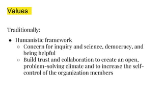 Values
Traditionally:
● Humanistic framework
○ Concern for inquiry and science, democracy, and
being helpful
○ Build trust and collaboration to create an open,
problem-solving climate and to increase the self-
control of the organization members
 