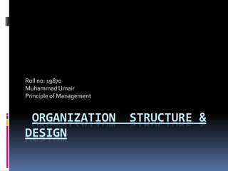 ORGANIZATION STRUCTURE &
DESIGN
Roll no: 19870
Muhammad Umair
Principle of Management
 