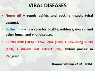 VIRAL DISEASES
• Neem oil – repels aphids and sucking insects (viral
vectors).
• Butter milk – is a cure for blights, mildews, mosaic and
other fungal and viral diseases.
• Butter milk (10%) + Cow urine (10%) + Cow dung slurry
(10%) + Vilvam leaf extract (5%)- Yellow mosaic in
Redgram.
Ramakrishnan et al., 2004.
 