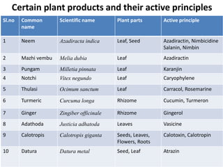 Sl.no Common
name
Scientific name Plant parts Active principle
1 Neem Azadiracta indica Leaf, Seed Azadiractin, Nimbicidine
Salanin, Nimbin
2 Mazhi vembu Melia dubia Leaf Azadiractin
3 Pungam Milletia pinnata Leaf Karanjin
4 Notchi Vitex negundo Leaf Caryophylene
5 Thulasi Ocimum sanctum Leaf Carracol, Rosemarine
6 Turmeric Curcuma longa Rhizome Cucumin, Turmeron
7 Ginger Zingiber officinale Rhizome Gingerol
8 Adathoda Justicia adhatoda Leaves Vasicine
9 Calotropis Calotropis giganta Seeds, Leaves,
Flowers, Roots
Calotoxin, Calotropin
10 Datura Datura metal Seed, Leaf Atrazin
Certain plant products and their active principles
 