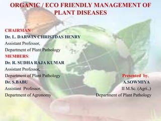 ORGANIC / ECO FRIENDLY MANAGEMENT OF
PLANT DISEASES
CHAIRMAN :
Dr. L. DARWIN CHRISTDAS HENRY
Assistant Professor,
Department of Plant Pathology
MEMBERS:
Dr. R. SUDHA RAJA KUMAR
Assistant Professor,
Department of Plant Pathology Presented by,
Dr. S.BABU A.SOWMIYA
Assistant Professor, II M.Sc. (Agri.,)
Department of Agronomy Department of Plant Pathology
 