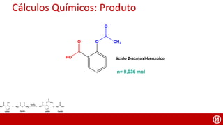 Cálculos Químicos: Produto
HO
O O CH3
O
HO
O OH
H3C O
O
CH3
O
+
H2SO4
H3C OH
O
+
sólidosólido líquido líquido
HO
O O CH3
O
ácido 2-acetoxi-benzoico
n= 0,036 mol
 
