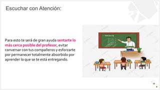 Introduzca su logotipo o su
nombre aquí
Escuchar con Atención:
16
Para esto te será de gran ayuda sentarte lo
más cerca posible del profesor, evitar
conversar con tus compañeros y esforzarte
por permanecer totalmente absorbido por
aprender lo que se te está entregando.
 