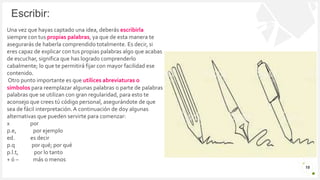 Introduzca su logotipo o su
nombre aquí
Escribir:
18
Una vez que hayas captado una idea, deberás escribirla
siempre con tus propias palabras, ya que de esta manera te
asegurarás de haberla comprendido totalmente. Es decir, si
eres capaz de explicar con tus propias palabras algo que acabas
de escuchar, significa que has logrado comprenderlo
cabalmente; lo que te permitirá fijar con mayor facilidad ese
contenido.
Otro punto importante es que utilices abreviaturas o
símbolos para reemplazar algunas palabras o parte de palabras
palabras que se utilizan con gran regularidad, para esto te
aconsejo que crees tú código personal, asegurándote de que
sea de fácil interpretación. A continuación de doy algunas
alternativas que pueden servirte para comenzar:
x por
p.e, por ejemplo
ed. es decir
p.q por qué; por qué
p.l.t, por lo tanto
+ ó – más o menos
 