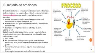 Introduzca su logotipo o su
nombre aquí
El método de oraciones
22
El método de toma de notas de oración es simplemente anotar
cada tema como una oración. Este método funciona bien para
lecciones rápidas donde se cubre mucha información.
Ventajas:
• Anotar puntos principales te ayuda a determinar qué
información es importante y cuál no.
• Puedes cubrir una gran cantidad de detalles e información
rápidamente.
• Las notas se simplifican para su estudio y revisión.
¿Cómo se ve?
Cada línea en la página es un tema nuevo y separado. Para
organizar tus notas aún más, puede usar encabezados para
cada tema principal.
¿Cómo lo usas?
• Escribe información importante que el maestro haya
enfatizado. Esto puede ser en forma de oración o forma de
punto.
• Comienza una nueva oración o punto para cada nuevo
detalle.
• Use encabezados para organizar los puntos por temas
 