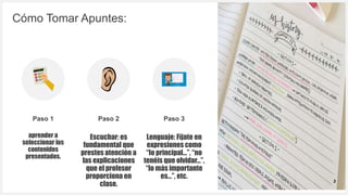 Introduzca su logotipo o su
nombre aquí
Cómo Tomar Apuntes:
Paso 1
aprender a
seleccionar los
contenidos
presentados.
Paso 2 Paso 3
Lenguaje: Fíjate en
expresiones como
“lo principal…”, “no
tenéis que olvidar…”,
“lo más importante
es…”, etc.
3
Escuchar: es
fundamental que
prestes atención a
las explicaciones
que el profesor
proporciona en
clase.
 