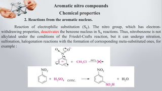 Aromatic nitro compounds
Chemical properties
2. Reactions from the aromatic nucleus.
Reaction of electrophilic substitution (SE). The nitro group, which has electron-
withdrawing properties, deactivates the benzene nucleus in SN reactions. Thus, nitrobenzene is not
alkylated under the conditions of the Friedel-Crafts reaction, but it can undergo nitration,
sulfonation, halogenation reactions with the formation of corresponding meta-substituted ones, for
example :
conc.
 