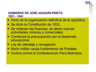GOBIERNO DE JOSÉ JOAQUÍN PRIETO 1831 - 1841 <ul><li>Inicio de la organización definitiva de la república. </li></ul><ul><l...