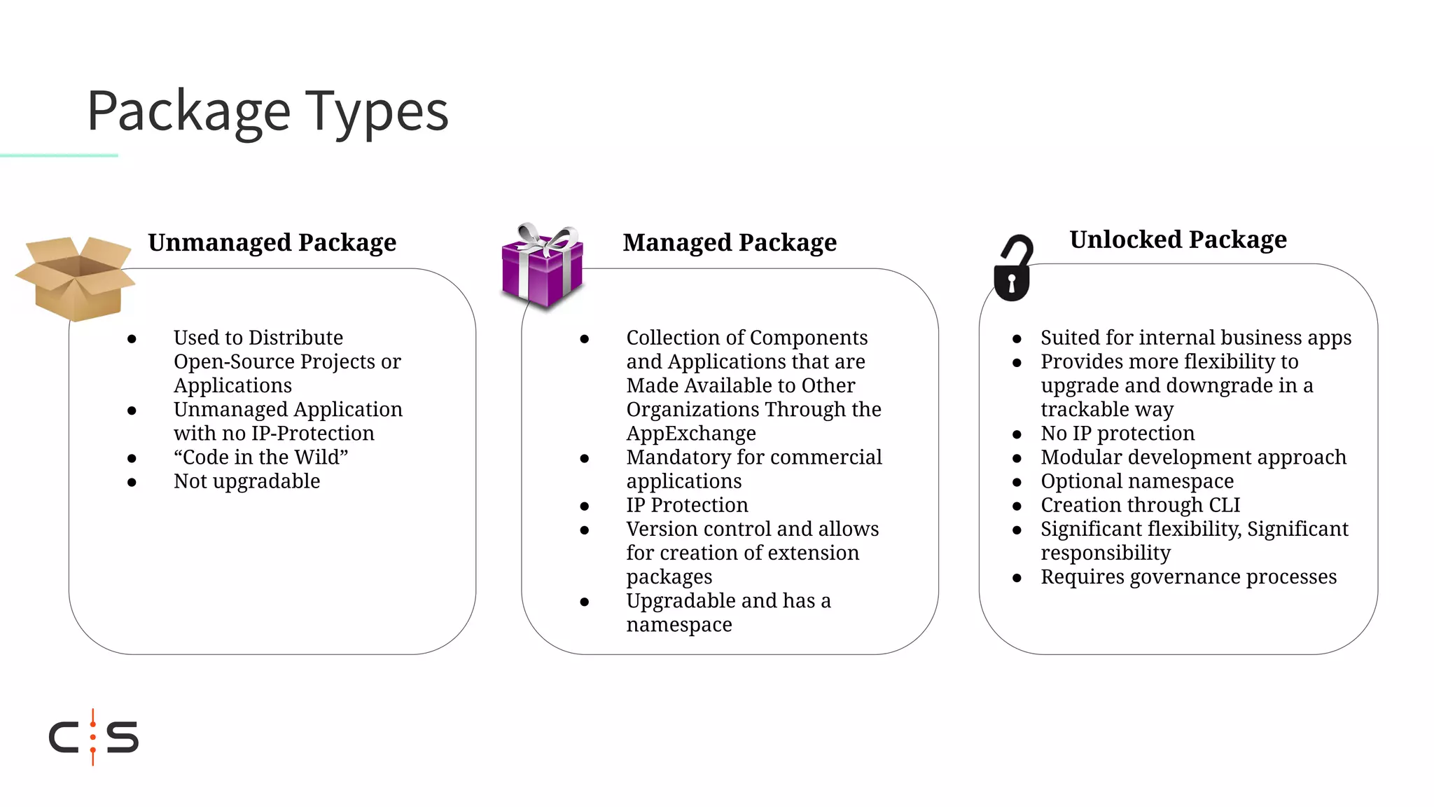Package Types
● Used to Distribute
Open-Source Projects or
Applications
● Unmanaged Application
with no IP-Protection
● “Code in the Wild”
● Not upgradable
Unmanaged Package
● Collection of Components
and Applications that are
Made Available to Other
Organizations Through the
AppExchange
● Mandatory for commercial
applications
● IP Protection
● Version control and allows
for creation of extension
packages
● Upgradable and has a
namespace
Managed Package
● Suited for internal business apps
● Provides more flexibility to
upgrade and downgrade in a
trackable way
● No IP protection
● Modular development approach
● Optional namespace
● Creation through CLI
● Significant flexibility, Significant
responsibility
● Requires governance processes
Unlocked Package
 