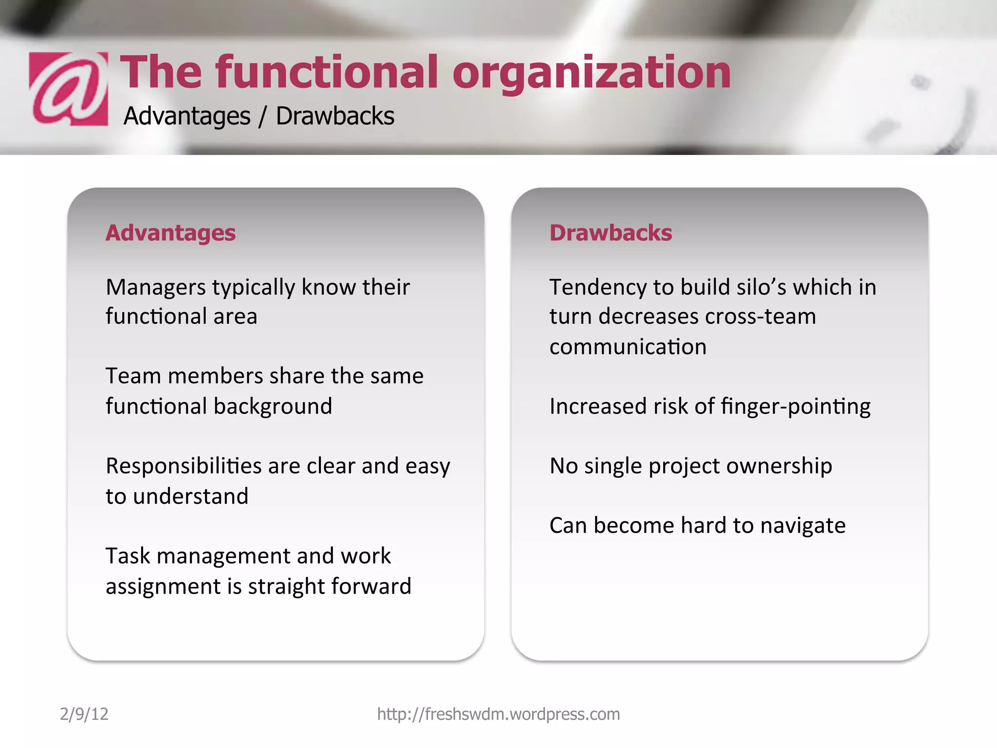 The functional organization
         Advantages / Drawbacks



     Advantages                                                 Drawbacks

     Managers	
  typically	
  know	
  their	
                   Tendency	
  to	
  build	
  silo’s	
  which	
  in	
  
     func5onal	
  area	
                                        turn	
  decreases	
  cross-­‐team	
  
     	
                                                         communica5on	
  
     Team	
  members	
  share	
  the	
  same	
                  	
  
     func5onal	
  background	
                                  Increased	
  risk	
  of	
  ﬁnger-­‐poin5ng	
  
     	
                                                         	
  
     Responsibili5es	
  are	
  clear	
  and	
  easy	
           No	
  single	
  project	
  ownership	
  
     to	
  understand	
                                         	
  
     	
                                                         Can	
  become	
  hard	
  to	
  navigate	
  
     Task	
  management	
  and	
  work	
  
     assignment	
  is	
  straight	
  forward	
  	
  




2/9/12                                     http://freshswdm.wordpress.com
 