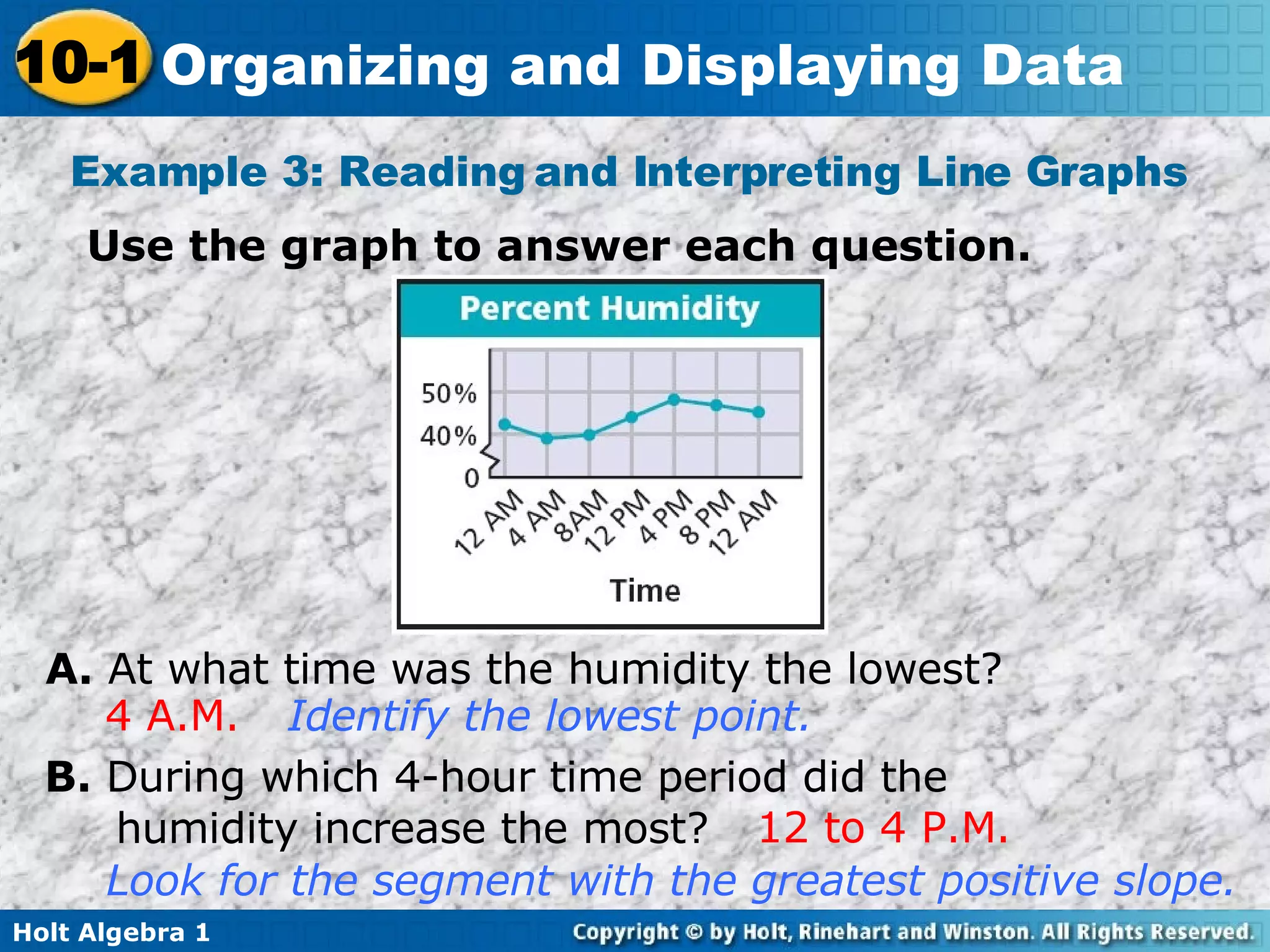 Example 3: Reading and Interpreting Line Graphs  Use the graph to answer each question. A.  At what time was the humidity the lowest? B.  During which 4-hour time period did the humidity increase the most? 4 A.M. 12 to 4 P.M. Identify the lowest point. Look for the segment with the greatest positive slope. 