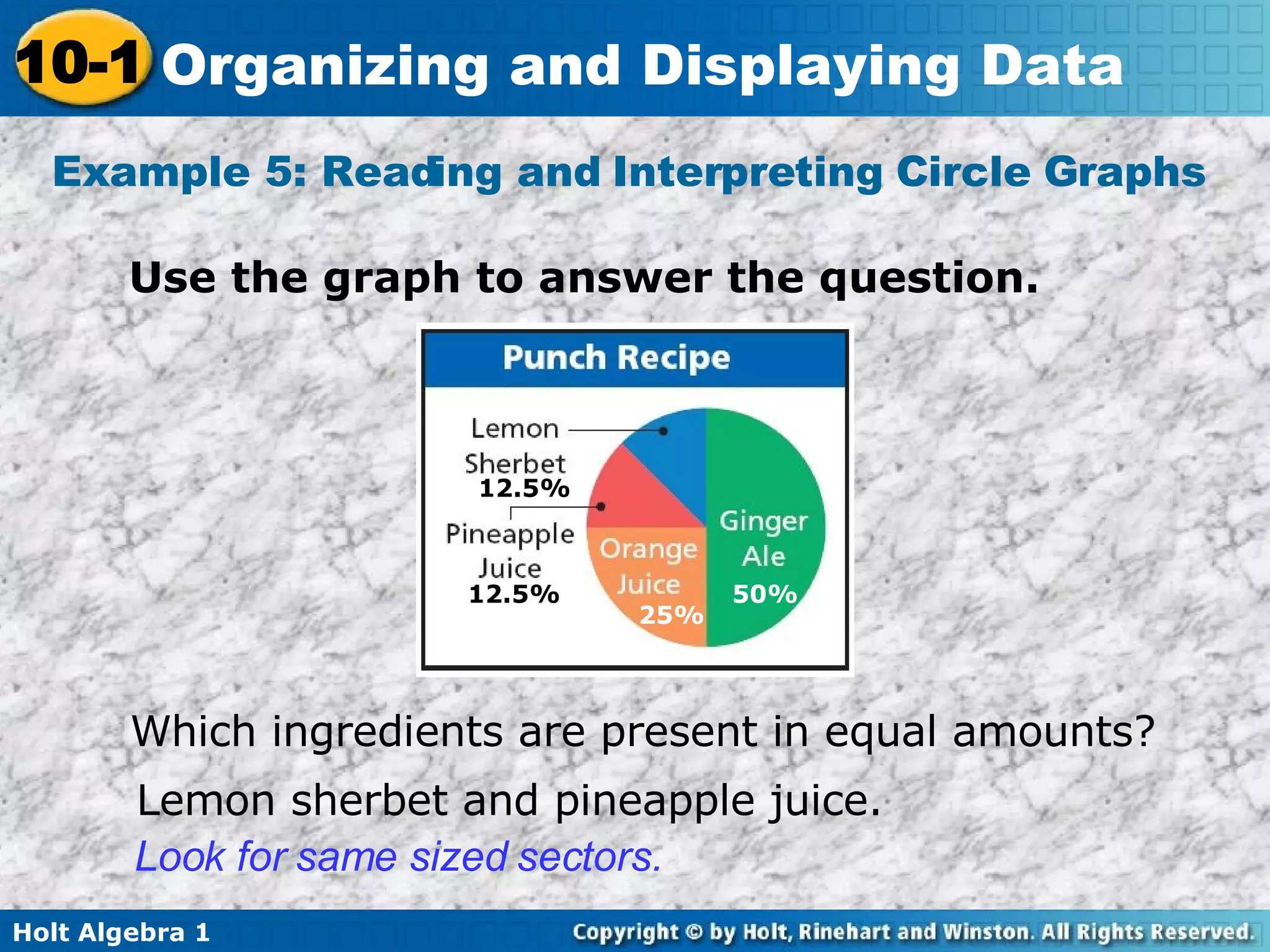Example 5: Reading and Interpreting Circle Graphs  Use the graph to answer the question. Which ingredients are present in equal amounts?  Lemon sherbet and pineapple juice.  Look for same sized sectors. 12.5% 12.5% 25% 50% 