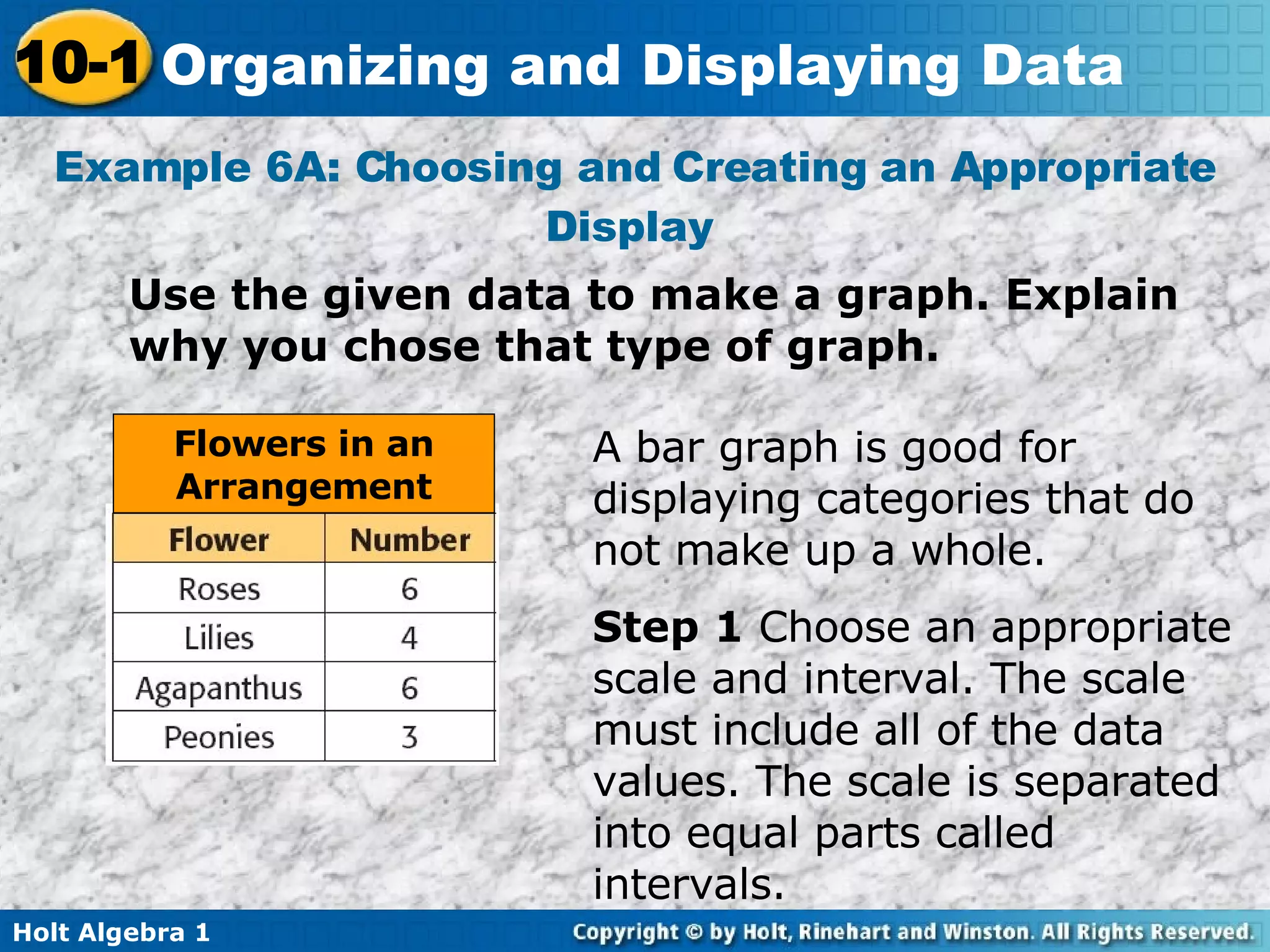 Example 6A: Choosing and Creating an Appropriate Display  Use the given data to make a graph. Explain why you chose that type of graph. A bar graph is good for displaying categories that do not make up a whole.  Step 1  Choose an appropriate scale and interval. The scale must include all of the data values. The scale is separated into equal parts called intervals.  Flowers in an Arrangement 