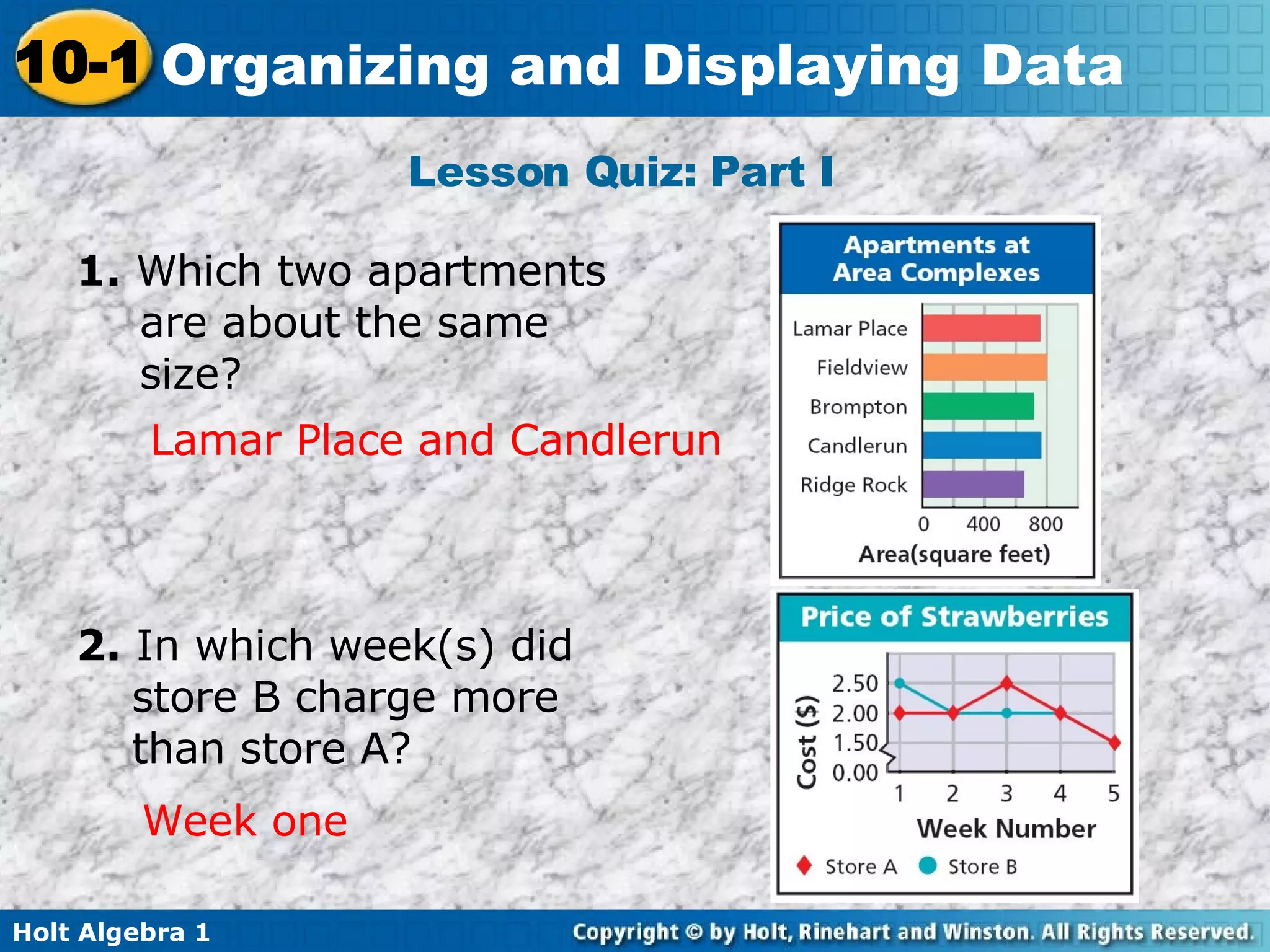 Lesson Quiz: Part I  1.  Which two apartments are about the same size? 2.  In which week(s) did store B charge more than store A?  Lamar Place and Candlerun Week one 