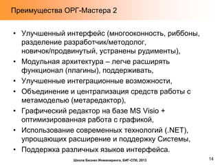 Преимущества ОРГ-Мастера 2
• Улучшенный интерфейс (многооконность, риббоны,
разделение разработчик/методолог,
новичок/продвинутый, устранены рудименты),
• Модульная архитектура – легче расширять
функционал (плагины), поддерживать,
• Улучшенные интеграционные возможности,
• Объединение и централизация средств работы с
метамоделью (метаредактор),
• Графический редактор на базе MS Visio +
оптимизированная работа с графикой,
• Использование современных технологий (.NET),
упрощающих расширение и поддержку Системы,
• Поддержка различных языков интерфейса.
Школа Бизнес Инжиниринга, БИГ-СПб, 2013

14

 