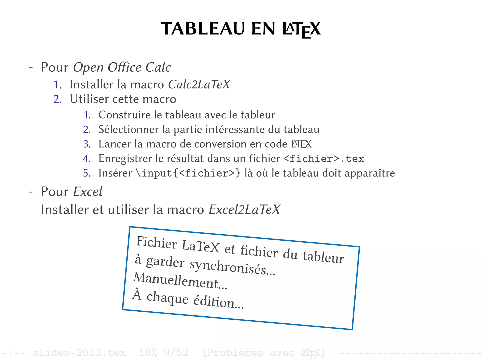 TABLEAU EN L
A
TEX
- Pour Open Office Calc
1. Installer la macro Calc2LaTeX
2. Utiliser cette macro
1. Construire le tableau avec le tableur
2. Sélectionner la partie intéressante du tableau
3. Lancer la macro de conversion en code L
A
TEX
4. Enregistrer le résultat dans un fichier <fichier>.tex
5. Insérer input{<fichier>} là où le tableau doit apparaître
- Pour Excel
Installer et utiliser la macro Excel2LaTeX
Fichier LaTeX et fichier du tableur
à garder synchronisés...
Manuellement...
À chaque édition...
–:–- slides-2013.tex 18% 9/52 [Problèmes avec L
A
TEX] -----------------------
 