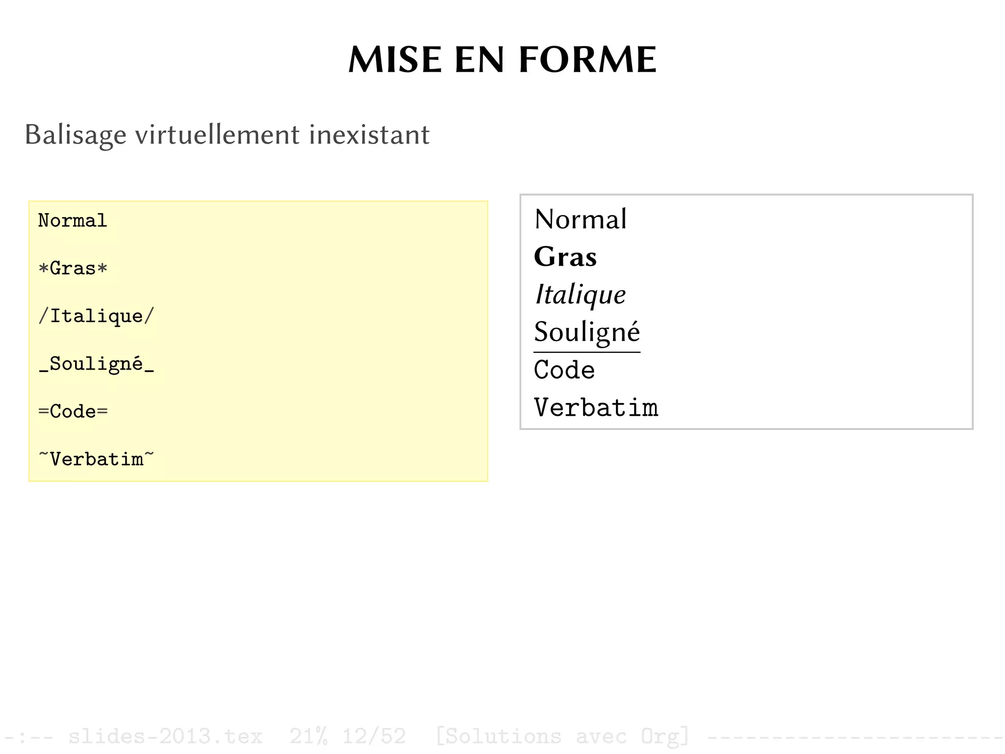 MISE EN FORME
Balisage virtuellement inexistant
Normal
*Gras*
/Italique/
_Souligné_
=Code=
~Verbatim~
Normal
Gras
Italique
Souligné
Code
Verbatim
–:–- slides-2013.tex 21% 12/52 [Solutions avec Org] -----------------------
 