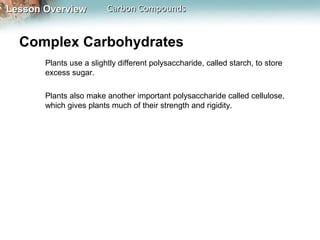 Lesson Overview          Carbon Compounds


  Complex Carbohydrates
       Plants use a slightly different polysaccharide, called starch, to store
       excess sugar.

       Plants also make another important polysaccharide called cellulose,
       which gives plants much of their strength and rigidity.
 