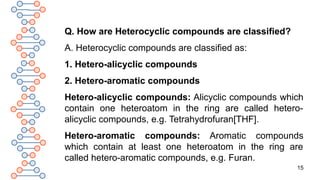 15
Q. How are Heterocyclic compounds are classified?
A. Heterocyclic compounds are classified as:
1. Hetero-alicyclic compounds
2. Hetero-aromatic compounds
Hetero-alicyclic compounds: Alicyclic compounds which
contain one heteroatom in the ring are called hetero-
alicyclic compounds, e.g. Tetrahydrofuran[THF].
Hetero-aromatic compounds: Aromatic compounds
which contain at least one heteroatom in the ring are
called hetero-aromatic compounds, e.g. Furan.
 