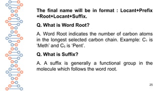 25
The final name will be in format : Locant+Prefix
+Root+Locant+Suffix.
Q. What is Word Root?
A. Word Root indicates the number of carbon atoms
in the longest selected carbon chain. Example: C1 is
‘Meth’ and C5 is ‘Pent’.
Q. What is Suffix?
A. A suffix is generally a functional group in the
molecule which follows the word root.
 