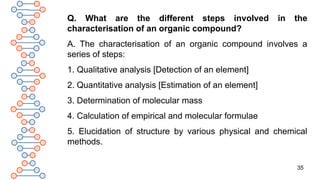 35
Q. What are the different steps involved in the
characterisation of an organic compound?
A. The characterisation of an organic compound involves a
series of steps:
1. Qualitative analysis [Detection of an element]
2. Quantitative analysis [Estimation of an element]
3. Determination of molecular mass
4. Calculation of empirical and molecular formulae
5. Elucidation of structure by various physical and chemical
methods.
 