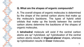 5
Q. What are the shapes of organic compounds?
A. The overall shapes of organic molecules is determined
by the shape of the central carbon atoms that make up
the molecule’s backbone. The types of hybrid orbid
orbitals that make up the bonds between the central
carbon atoms determine the backbone of the shapes of
organic molecules.
A tetrahedral molecule will exist if the central carbon
atoms are sp3
hybridized. sp2
hybridization of the central
carbon atoms results in trigonal-planar shapes, whereas
sp hybridization results in linear molecules.
 
