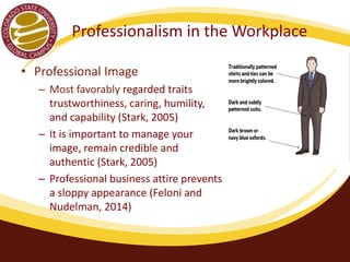 Professionalism in the Workplace 
• Professional Image 
– Most favorably regarded traits 
trustworthiness, caring, humility, 
and capability (Stark, 2005) 
– It is important to manage your 
image, remain credible and 
authentic (Stark, 2005) 
– Professional business attire prevents 
a sloppy appearance (Feloni and 
Nudelman, 2014) 
 