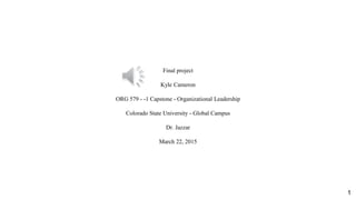 Final project
Kyle Cameron
ORG 579 - -1 Capstone - Organizational Leadership
Colorado State University - Global Campus
Dr. Jazzar
March 22, 2015
1
 