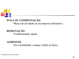 Conseqüências da frustração. FUGA OU COMPENSAÇÃO Busca de atividade ou recompensa alternativa. RESIGNAÇÃO Conformidade, apatia. AGRESSÃO Ira e hostilidade e ataque verbal ou físico. 