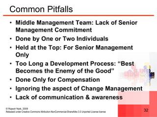 © Rajesh Naik, 2009
Released under Creative Commons Attribution-NonCommercial-ShareAlike 3.0 Unported License license 32
Common Pitfalls
• Middle Management Team: Lack of Senior
Management Commitment
• Done by One or Two Individuals
• Held at the Top: For Senior Management
Only
• Too Long a Development Process: “Best
Becomes the Enemy of the Good”
• Done Only for Compensation
• Ignoring the aspect of Change Management
• Lack of communication & awareness
 