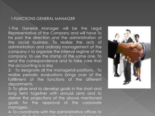1-FUNCTIONS GENERAL MANAGER
1-The General Manager will be the Legal
Representative of the Company and will have To
his post the direction and the administration of
the social business. To realize the acts of
administration and ordinary management of the
company.> to organize the internal regime of the
company, to use the stamp of the same one, To
send the correspondence and to take care that
the accounting is a day
2- · To designate all the managerial positions. · To
realize periodic evaluations brings over of the
fulfillment of the functions of the different
departments. ·
3- To glide and to develop goals in the short and
long term together with annual aims and to
deliver the projections of the above mentioned
goals for the approval of the corporate
managers. ·
4- To coordinate with the administrative offices to

 