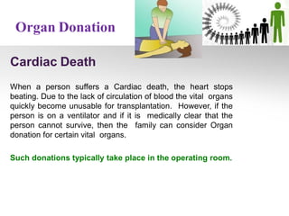 Cardiac Death
Organ Donation
When a person suffers a Cardiac death, the heart stops
beating. Due to the lack of circulation of blood the vital organs
quickly become unusable for transplantation. However, if the
person is on a ventilator and if it is medically clear that the
person cannot survive, then the family can consider Organ
donation for certain vital organs.
Such donations typically take place in the operating room.
 