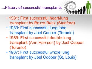 …History of successful transplants
• 1981: First successful heart/lung
transplant by Bruce Reitz (Stanford)
• 1983: First successful lung lobe
transplant by Joel Cooper (Toronto)
• 1986: First successful double-lung
transplant (Ann Harrison) by Joel Cooper
(Toronto)
• 1987: First successful whole lung
transplant by Joel Cooper (St. Louis)
 