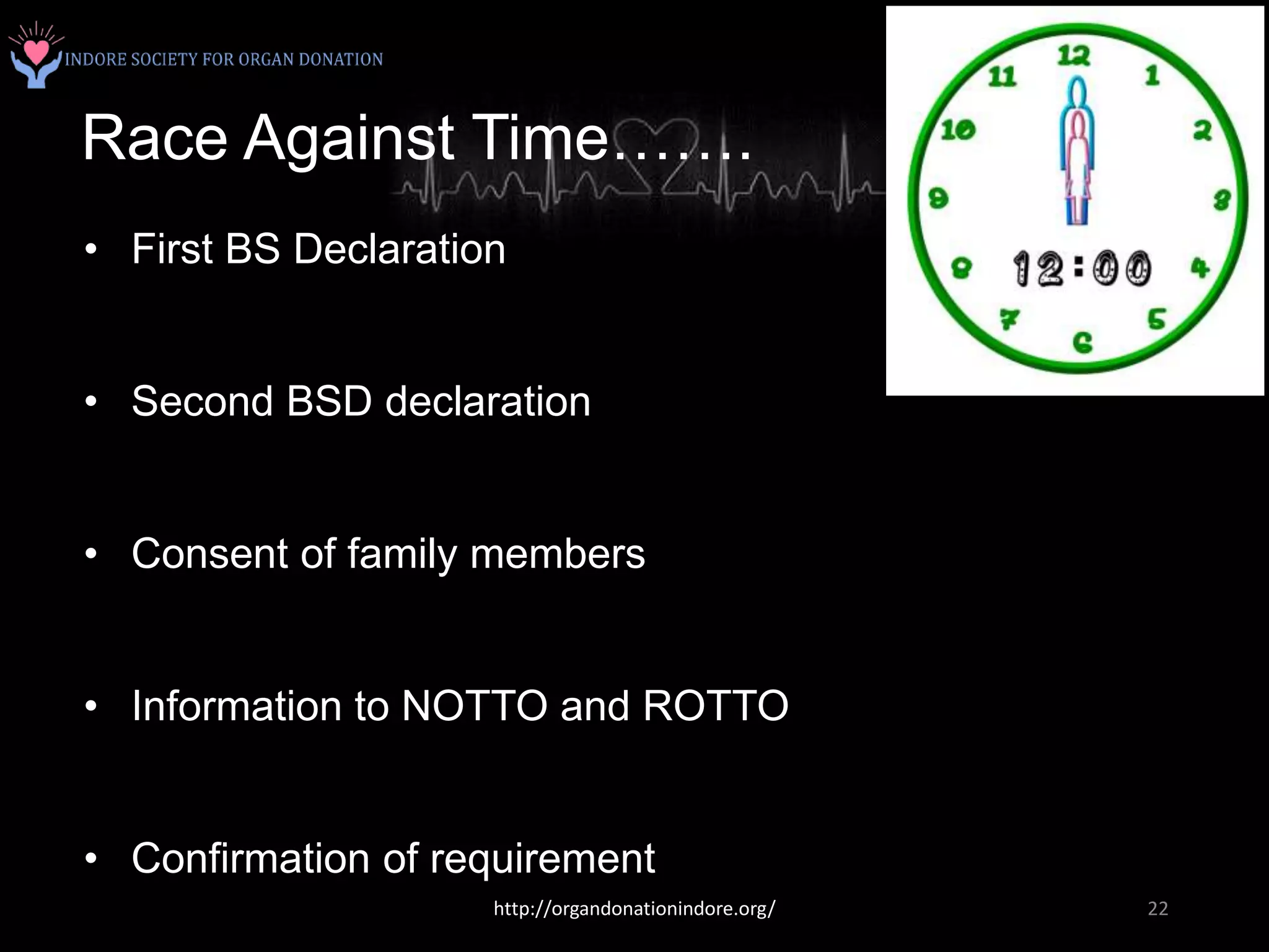 Race Against Time…….
• First BS Declaration
• Second BSD declaration
• Consent of family members
• Information to NOTTO and ROTTO
• Confirmation of requirement
http://organdonationindore.org/ 22
 
