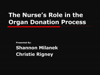 The Nurse’s Role in the Organ Donation Process Presented By: Shannon Milanek Christie Rigney 