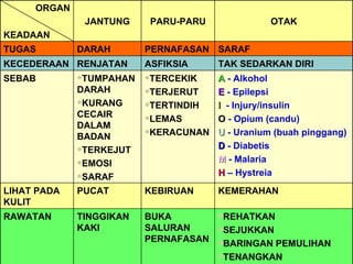 REHATKAN  SEJUKKAN  BARINGAN PEMULIHAN  TENANGKAN BUKA SALURAN PERNAFASAN TINGGIKAN KAKI RAWATAN KEMERAHAN KEBIRUAN PUCAT LIHAT PADA KULIT A  - Alkohol E  - Epilepsi I   - Injury/insulin O  - Opium (candu) U   - Uranium (buah pinggang) D  - Diabetis M  - Malaria H  – Hystreia TERCEKIK  TERJERUT  TERTINDIH  LEMAS  KERACUNAN TUMPAHAN DARAH KURANG CECAIR DALAM BADAN TERKEJUT EMOSI SARAF SEBAB TAK SEDARKAN DIRI ASFIKSIA RENJATAN KECEDERAAN SARAF PERNAFASAN DARAH TUGAS OTAK PARU-PARU JANTUNG ORGAN KEADAAN 