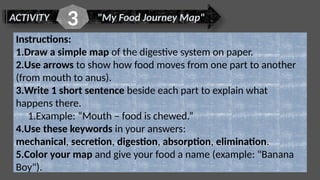 ACTIVITY "My Food Journey Map"
3
Instructions:
1.Draw a simple map of the digestive system on paper.
2.Use arrows to show how food moves from one part to another
(from mouth to anus).
3.Write 1 short sentence beside each part to explain what
happens there.
1.Example: “Mouth – food is chewed.”
4.Use these keywords in your answers:
mechanical, secretion, digestion, absorption, elimination.
5.Color your map and give your food a name (example: "Banana
Boy").
 