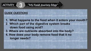 ACTIVITY "My Food Journey Map"
3
GUIDE QUESTIONS
1. What happens to the food when it enters your mouth?
2. Which part of the digestive system breaks
down food using acid?
3. Where are nutrients absorbed into the body?
4. How does your body remove food that it no
longer needs?
 