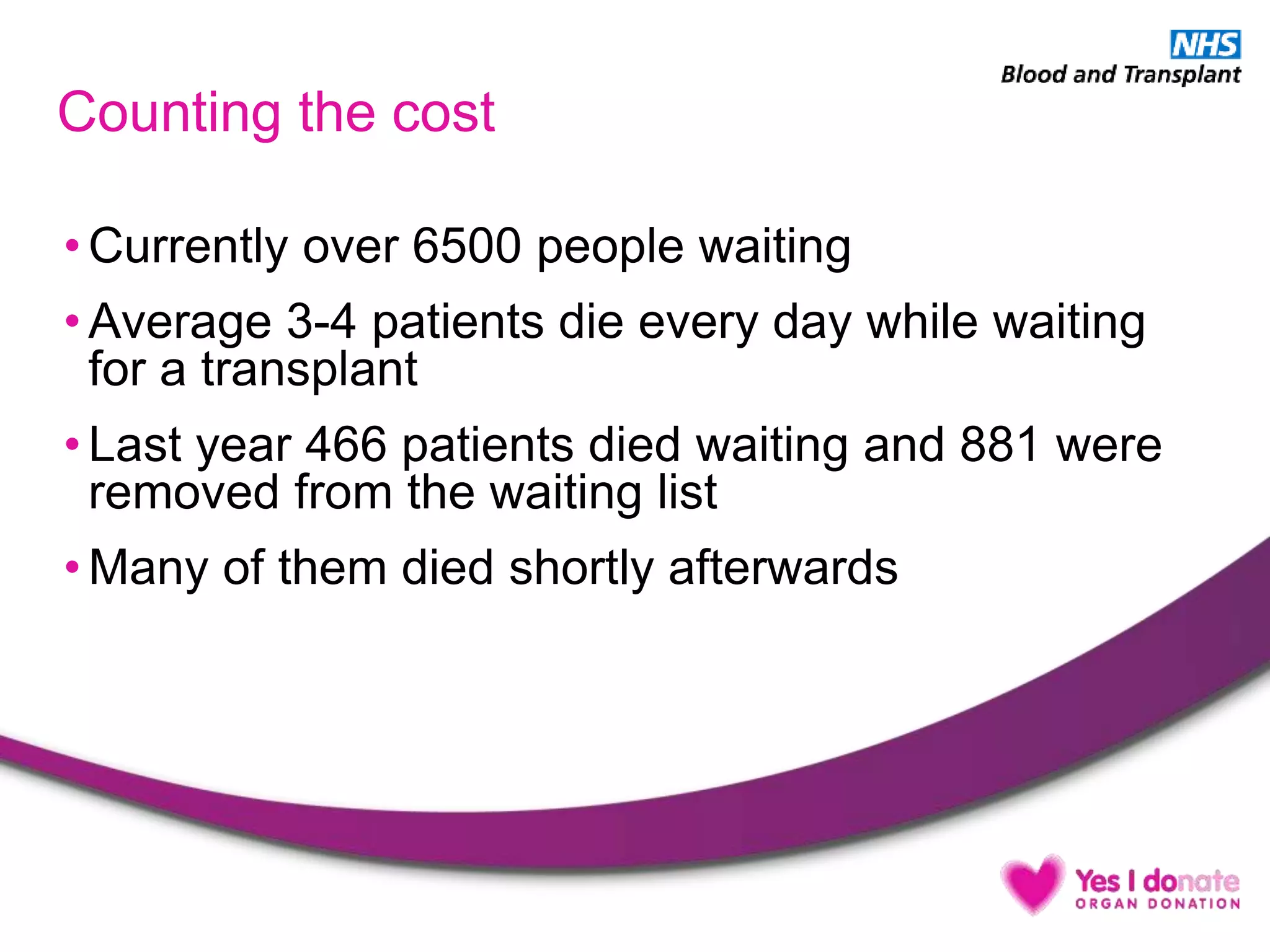 Counting the cost
• Currently over 6500 people waiting
• Average 3-4 patients die every day while waiting
for a transplant
• Last year 466 patients died waiting and 881 were
removed from the waiting list
• Many of them died shortly afterwards
 