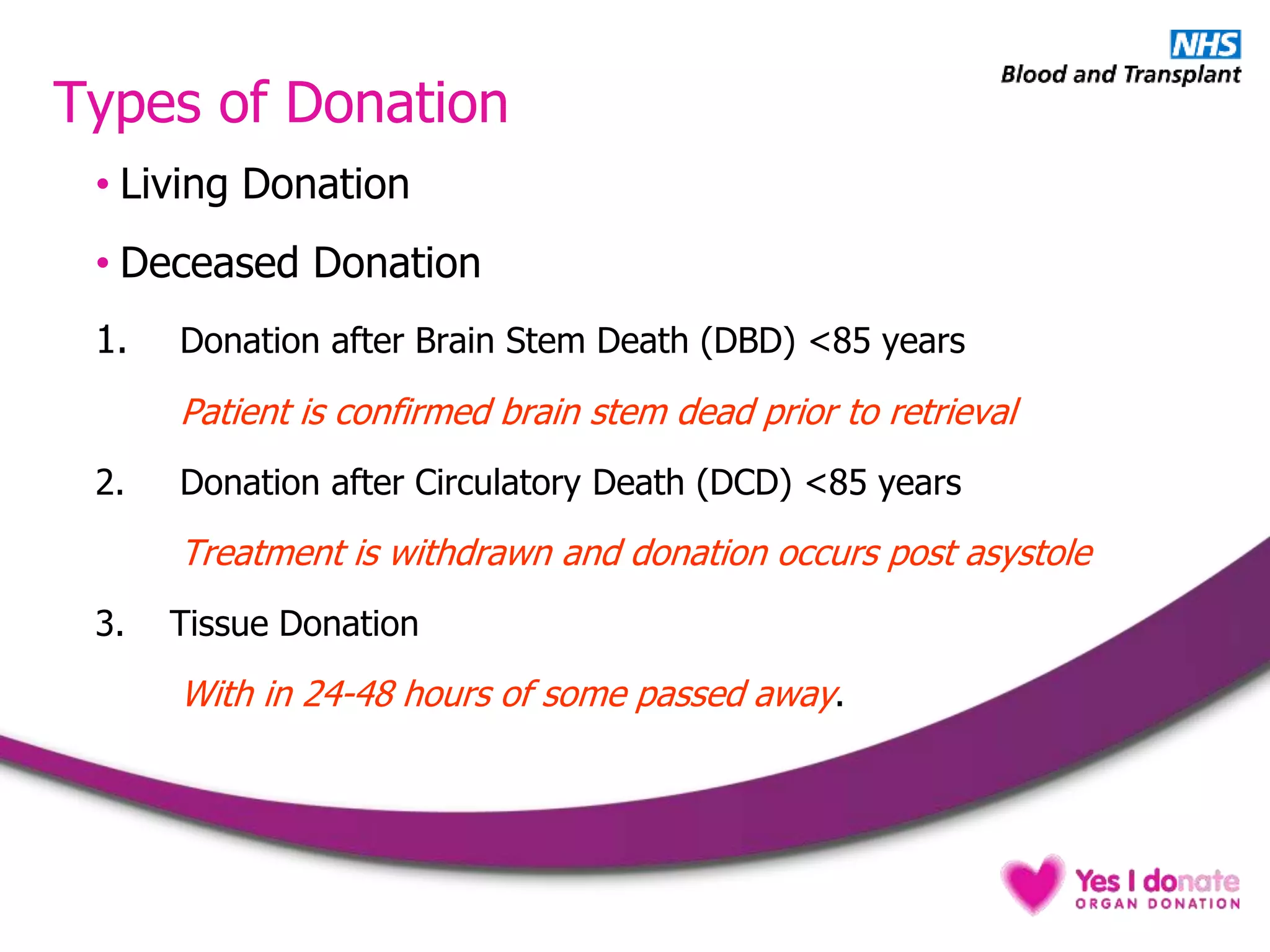 Types of Donation
• Living Donation
• Deceased Donation
1. Donation after Brain Stem Death (DBD) <85 years
Patient is confirmed brain stem dead prior to retrieval
2. Donation after Circulatory Death (DCD) <85 years
Treatment is withdrawn and donation occurs post asystole
3. Tissue Donation
With in 24-48 hours of some passed away.
 