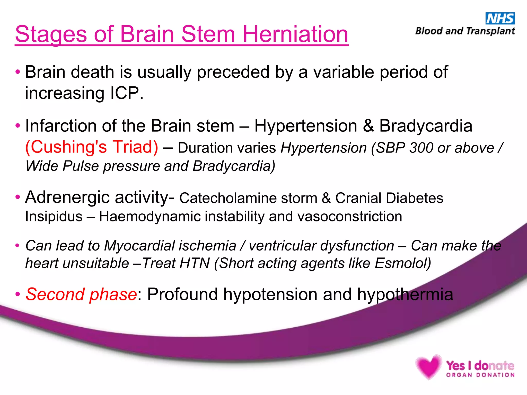 Stages of Brain Stem Herniation
• Brain death is usually preceded by a variable period of
increasing ICP.
• Infarction of the Brain stem – Hypertension & Bradycardia
(Cushing's Triad) – Duration varies Hypertension (SBP 300 or above /
Wide Pulse pressure and Bradycardia)
• Adrenergic activity- Catecholamine storm & Cranial Diabetes
Insipidus – Haemodynamic instability and vasoconstriction
• Can lead to Myocardial ischemia / ventricular dysfunction – Can make the
heart unsuitable –Treat HTN (Short acting agents like Esmolol)
• Second phase: Profound hypotension and hypothermia
 