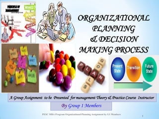 ORGANIZATIONAL
PLANNING
& DECISION
MAKING PROCESS
PESC MBA Program Organizational Planning Assignment by G1 Members
1
By Group 1 Members
A Group Assignment to be Presented for management Theory & Practice Course Instructor
 